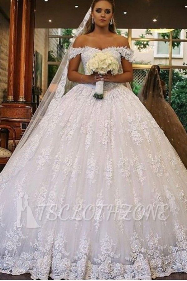 Gorgeous Off-the-Shoulder Tulle Lace Bridal Gown with Catheral Train