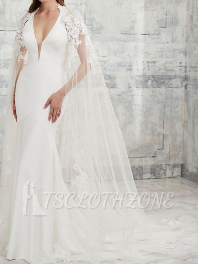 Sexy Two Piece Mermaid Wedding Dress V-neck Lace Satin Short Sleeve Simple Bridal Gowns with Court Train