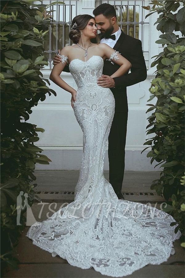 Mermaid Lace Wedding Dress | Sexy Court Train Sweetheart Bridal Gowns with Sleeve Decorations