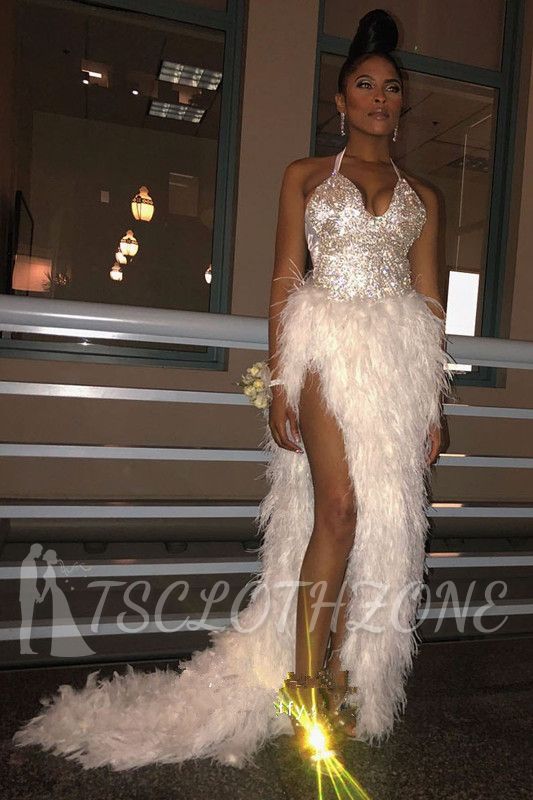 Halter Sparkling Sequins Feather Prom Dress | Sexy Backless Side Slipt Evening Dresses