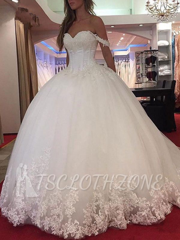 Off The Shoulder Sweetheart Tulle Appliques Ball Gown Wedding Dresses