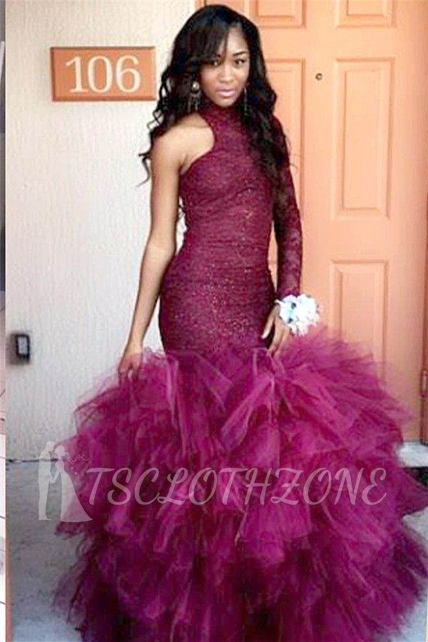 Tulle Sheath Latest Lace High-Neck Puffy Specail One-Sleeve Prom Dress 2022