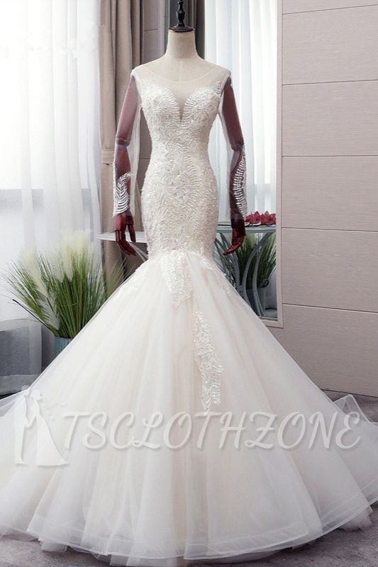 TsClothzone Chic Jewel Tulle Mermaid Lace Wedding Dress Pearls Appliques Long Sleeves Bridal Gowns Online