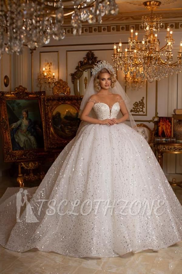 Beauty Off Shoulder Sweetheart Sleeveless Ball Gown Wedding Dress With Glitter