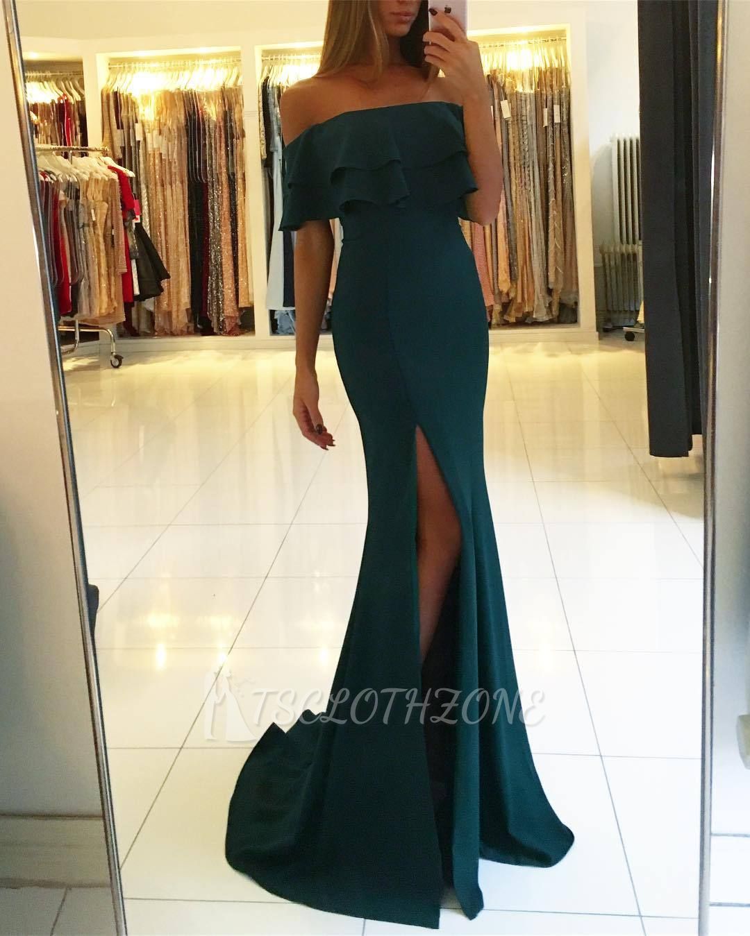 Simple Chiffon Strapless Front Split Prom Dress | Dark Green Prom Dress