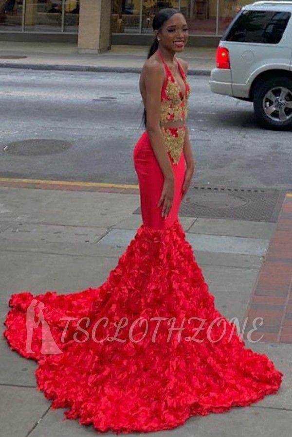 Red Halter Appliques 3D-Blumen Sweep Train Mermaid Prom Kleider