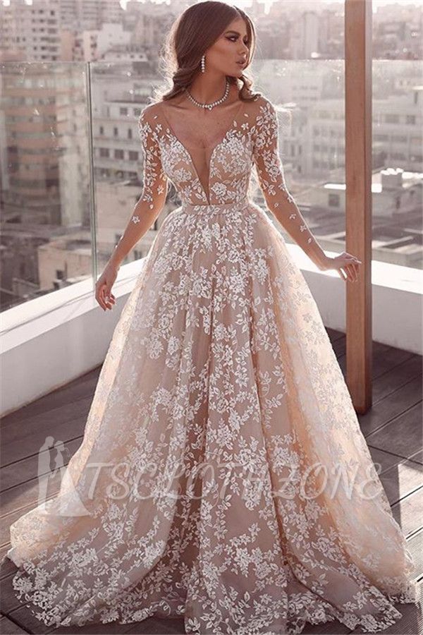 Long Sleeve Sheer Tulle Lace Wedding Dress Cheap 2022 | Champagne Pink Princess Outdoor Bridal Dress Online