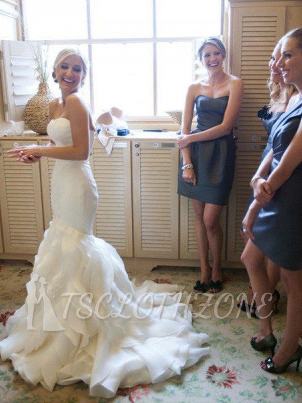 Court Train Mermaid Sleeveless Sweetheart Ruffles Satin Wedding Dresses