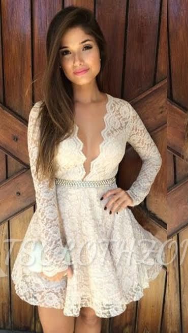 Simple Deep V-Neck Lace Cocktail Dresses Long Sleeve Short Homecoming Dresses With Beadings