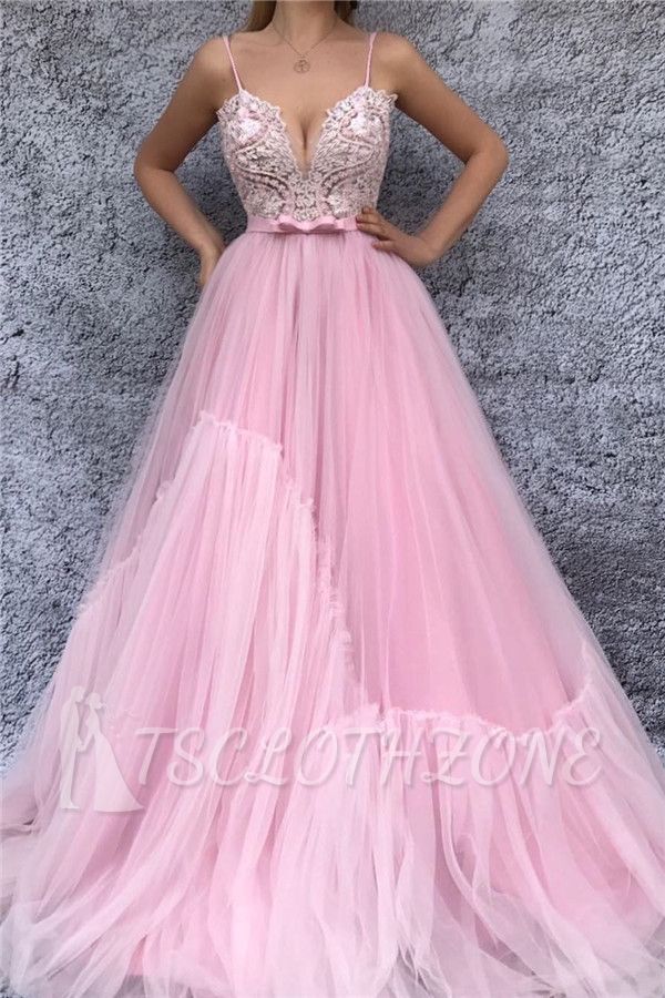 Sexy Spaghetti-Träger mit V-Ausschnitt Pink Prom Dress | Chic Lace Mieder Günstige Langes Abendkleid mit Schärpe