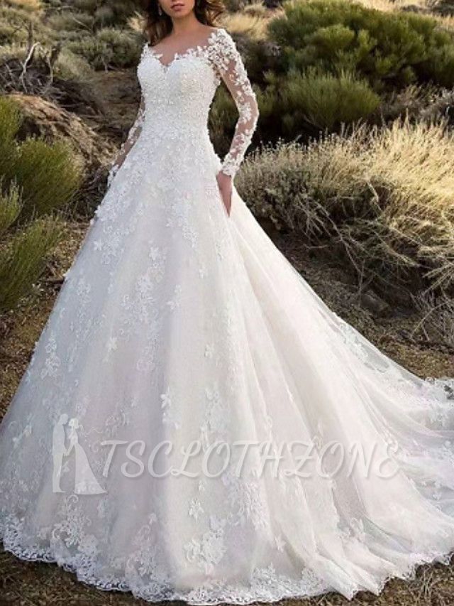 Formal A-Line Wedding Dress V-neck Lace Long Sleeves Sparkle & Shine Bridal Gowns with Sweep Train