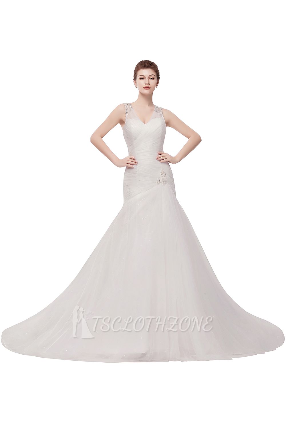 WENDY | Mermaid V-neck Floor Length Tulle Wedding Dresses with Crystals