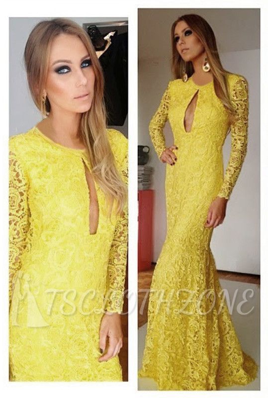 Yellow Long Sleeve Lace Prom Gowns 2022 Mermaid Sweep Train Sexy Evening Dresses