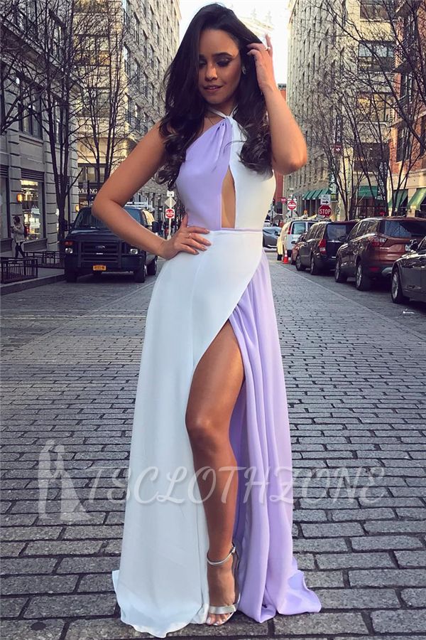 Weiß und Lavendel Sexy Split Abendkleider Günstige | Halfter ärmelloses Chiffon 2022 formelles Kleid