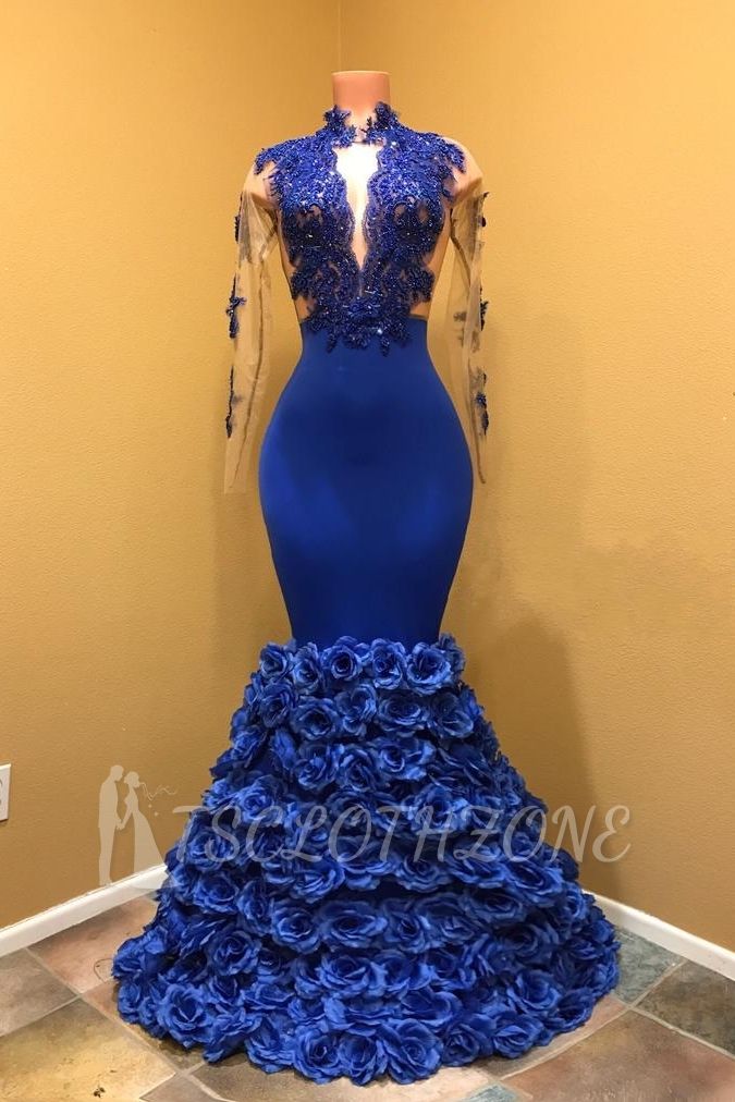 Wunderschöne Royal Blue Prom Dresses | Lange Ärmel Abendkleider mit Rosenblüten