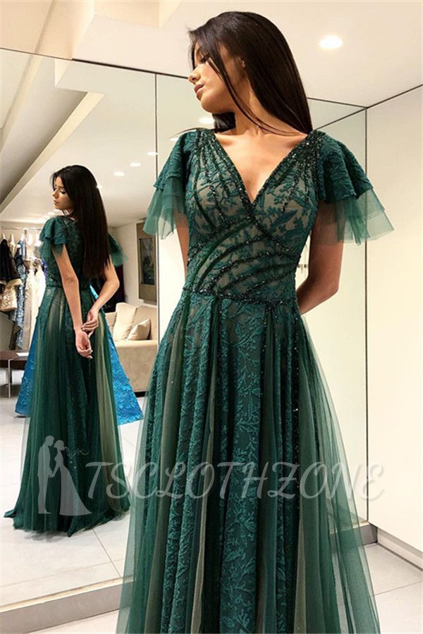 Dark Green Princess Short Sleeves Long Prom Dresses | V-Neck Lace Evening Dresses with Soft Pleats