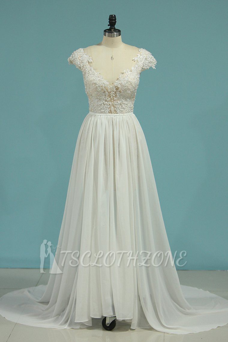 TsClothzone Simple Chiffon Ruffles Lace Wedding Dress Appliques Cap Sleeves V-neck Beadings Bridal Gowns On Sale