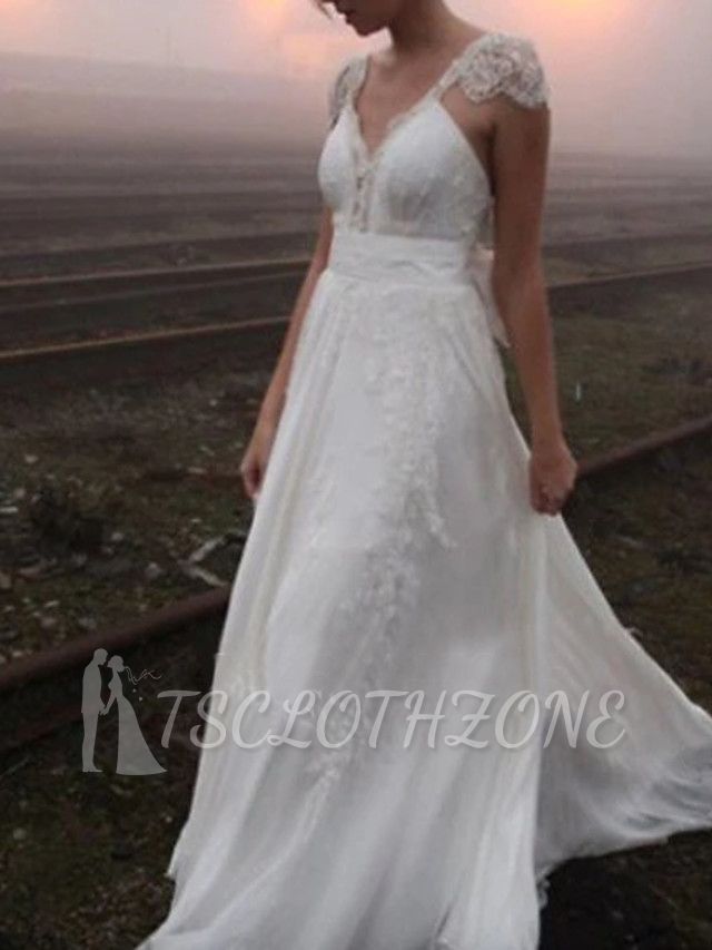 Plus Size A-Line Wedding Dress V-neck Chiffon Lace Cap Sleeve Bridal Gowns with Sweep Train