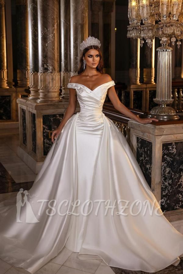 Modest Off-the-Shoulder Satin Wedding Dress with Detachable Sweep Train