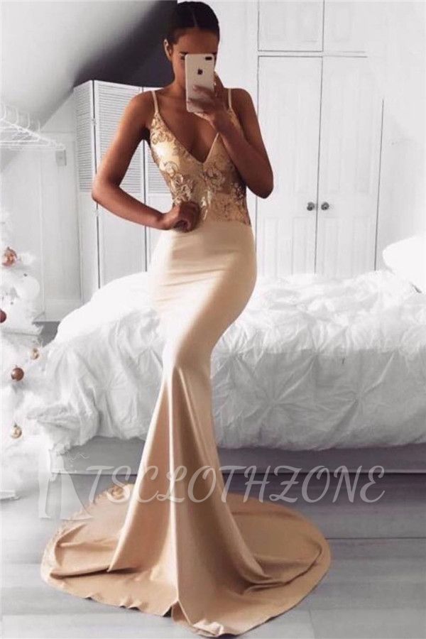 Champagner Spitze V-Ausschnitt Sexy Abendkleid | Spaghettiträger Mermaid Günstige Abendkleider 2022