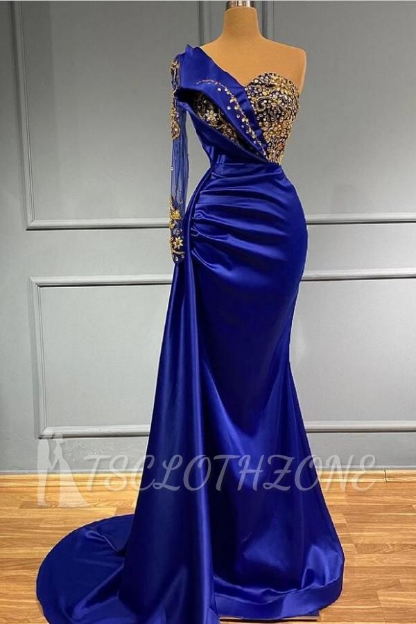 Kiing Blaues bodenlanges Abendkleid | Ballkleider mit Ärmeln
