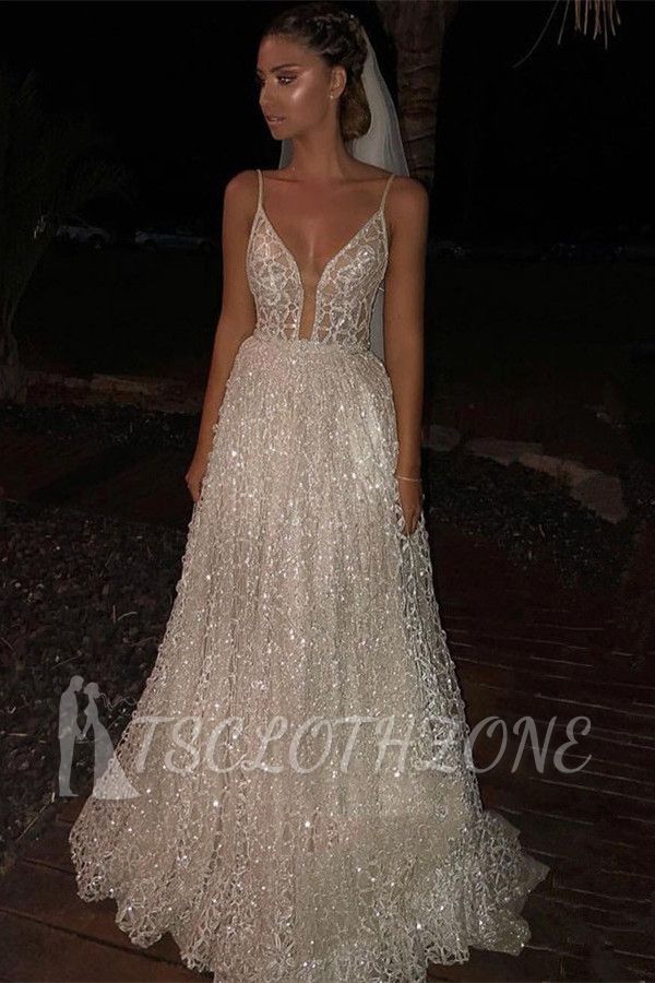 Sparkly White Spaghetti-Strap A-Line Sequins Wedding Dress | Shining Long Prom Gowns