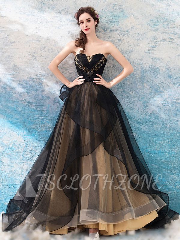Luxury Strapless Tulle Black Lace Ruffles Wedding Dresses