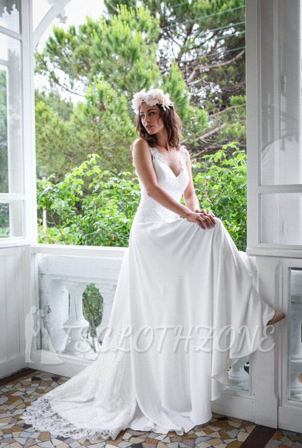 A-Line Lace Summer Beach Weddding Dresses Open Back Sleeveless 2022 Bridal Gowns