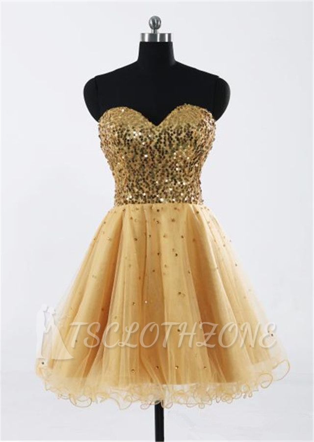 Sweetheart Gold Sequined Mini Homecoming Dress Cute Organza Lace-Up Mini Bridesmaid Dresses