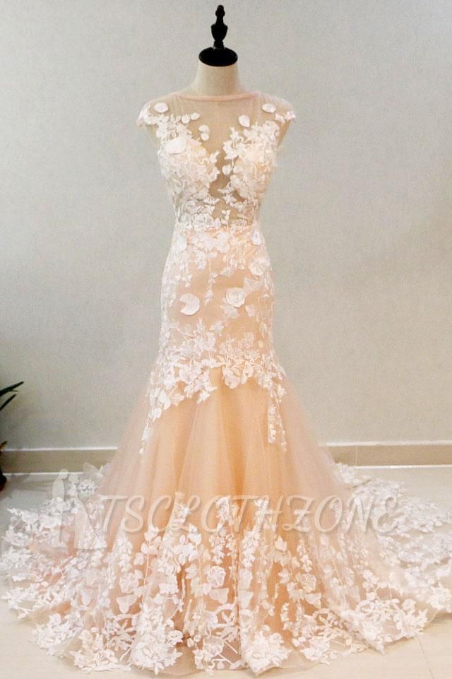 Peach Mermaid  Formal Prom Evening Dress Sleeveless Tulle Lace Appliques