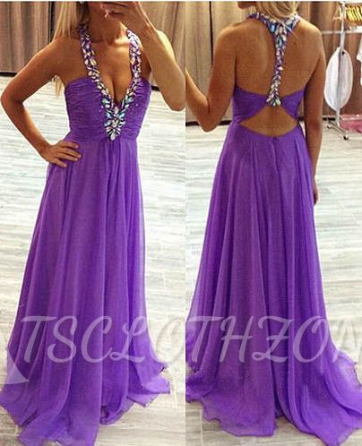 Sexy Open Back Chiffon Purple Prom Dresses 2022 Deep V-neck Evening Gown