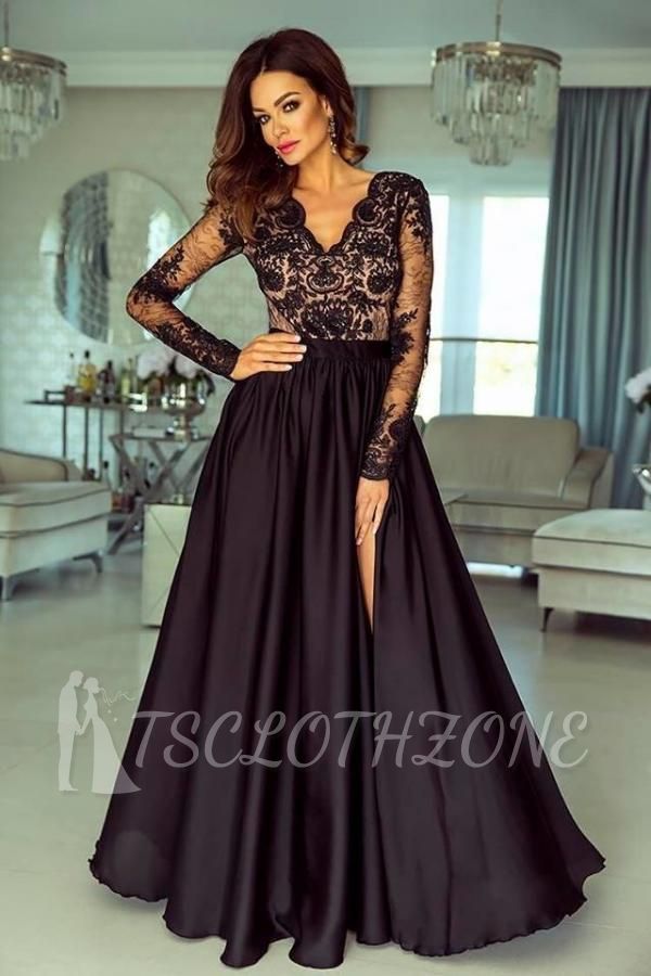 Black Floral Lace Long Sleeves Evening Maxi Dress