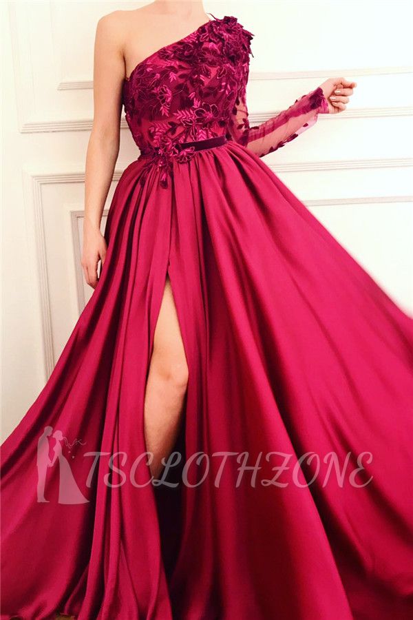 Sexy One Shoulder Front Slit Burgundy Prom Dress | Affordable One Sleeve Appliques Long Prom Dress