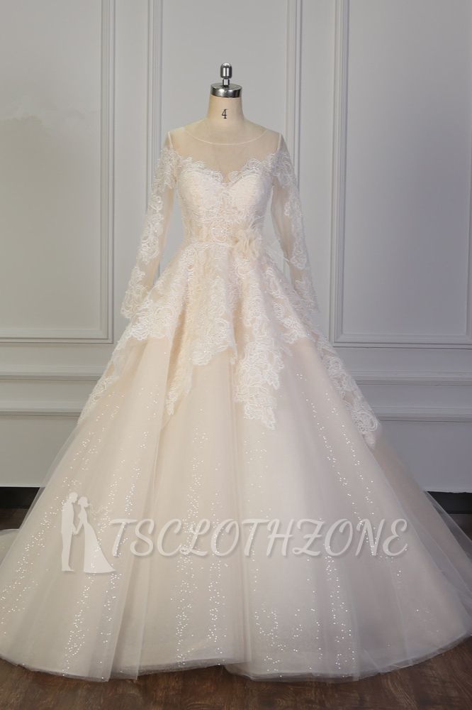 TsClothzone Exquisite Lace Appliques Wedding Dress Tulle Long Sleeves Sequined Bridal Gown On Sale