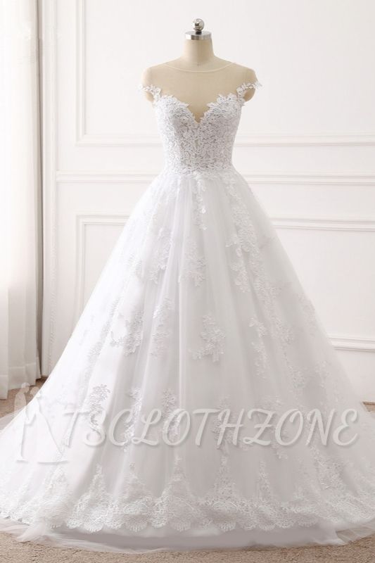 TsClothzone Erschwingliches Juwel Tüll Spitze Weißes Brautkleid Ärmellose Applikationen Brautkleider Online