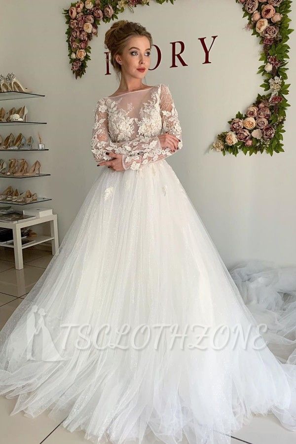 Appliques Long Sleeve A-line Wedding Dresses | Tulle Pleated Bridal Gowns