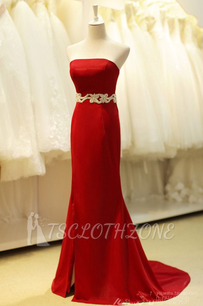 Sheath Modest Red Strapless Long Evening Dresses with Crystal Belt Affordable Lace-up Sexy Dresses for Women