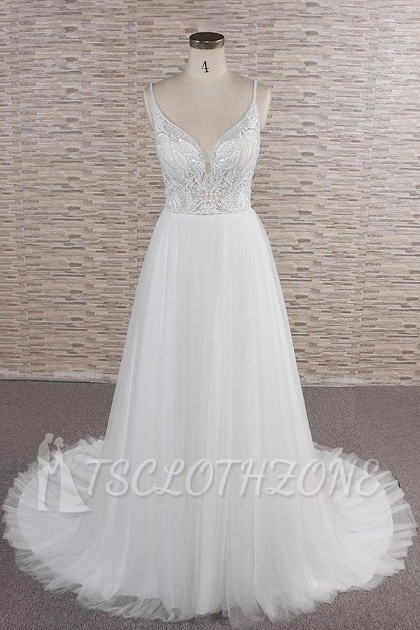 Glamorous V-neck Spaghetti Straps White Wedding Dress | A-line Sleeveless Tulle Lace Bridal Gowns