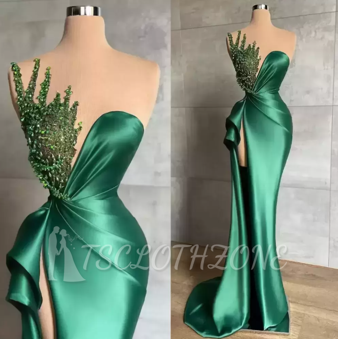 Illusionsgrünes Ballkleid aus glänzendem, langem Satin im Meerjungfrau-Stil