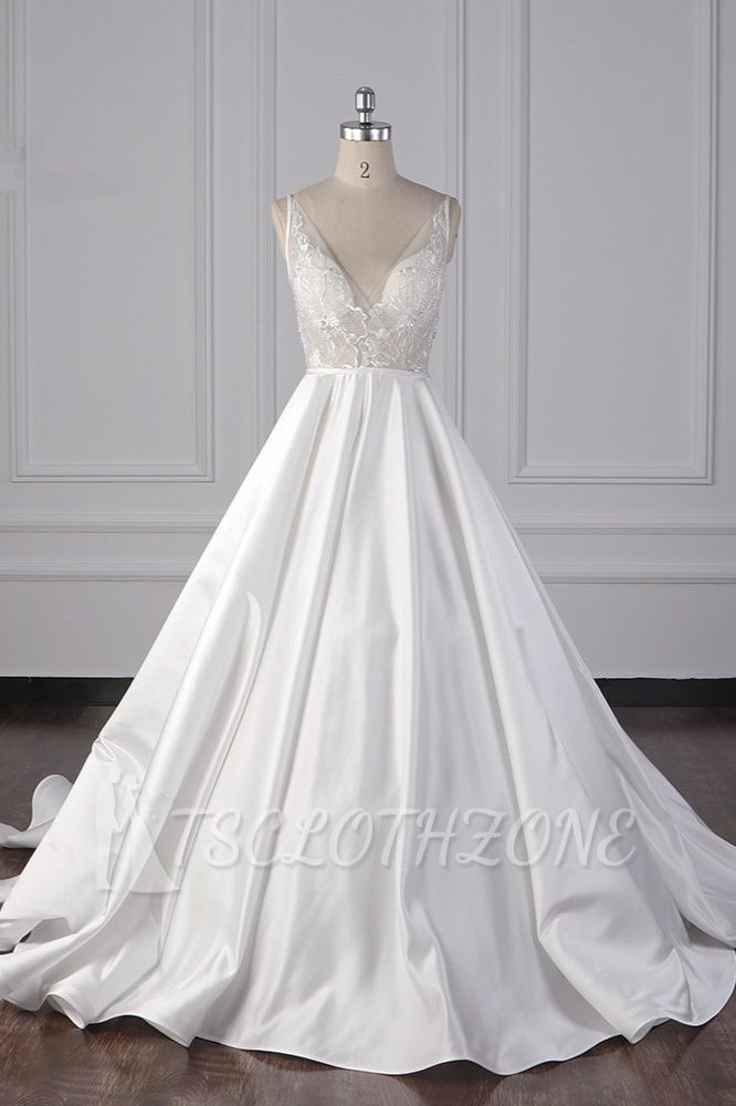 Straps Beads Appliques Ball Gown Wedding Dresses | Sexy V-neck Backless Bridal Gowns