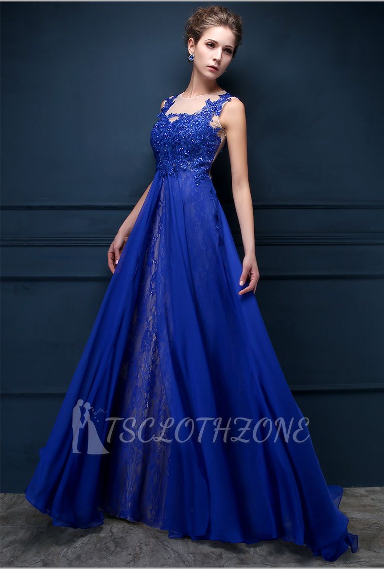 Royal Blue Lace Chiffon Popular 2022 Prom Dresses Appliques Elegant 2022 Long Evening Dresses