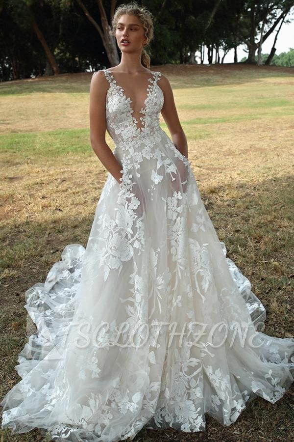 Charming V-Neck Flroal Sleeveless Aline Wedding Dress