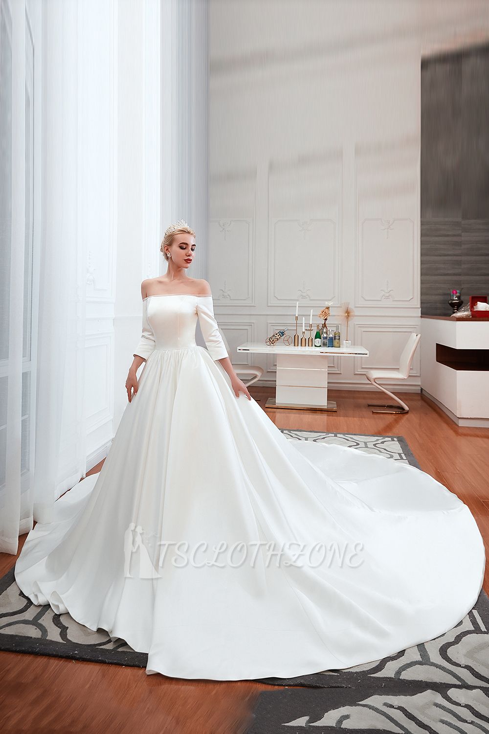 2/3 Langarm Ballkleid Weiß Brautkleid mit weichen Falten | Einfache Luxus-Brautkleider für die Winterhochzeit