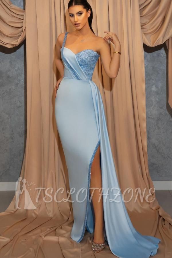 Beautiful Long Blue Mermaid Side Slit Glitter Prom Dress