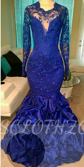 Gorgeous 2022 Royal Blue Long Sleeve Lace Prom Dress Ruffles Mermaid Open Back Evening Gown