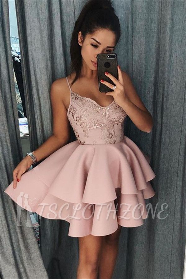 Pink Spaghetti Straps Short Homecoming Dresses | Tiered Appliques Cheap Hoco Dresses 2022