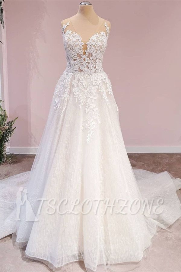 Sleeveless A-Line Wedding Dress with Floral Lace Appliques V Neck White Floor Length Bridal Dress