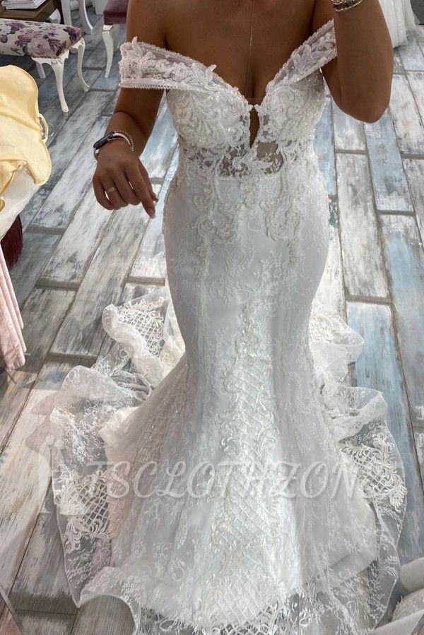 Boho Schulterfreies Meerjungfrau-Brautkleid aus weißem Tüll und Spitze