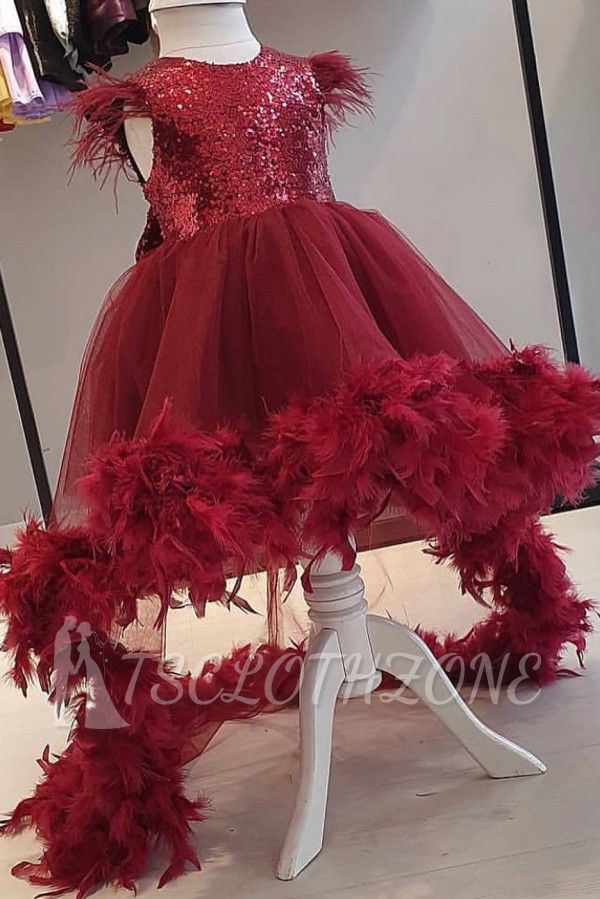 Pretty Asymmetric Burgundy Jewel neck Flower Girl Dresses with Feathers | Luxury High Low Sparkly Little Girls Sequins Dress