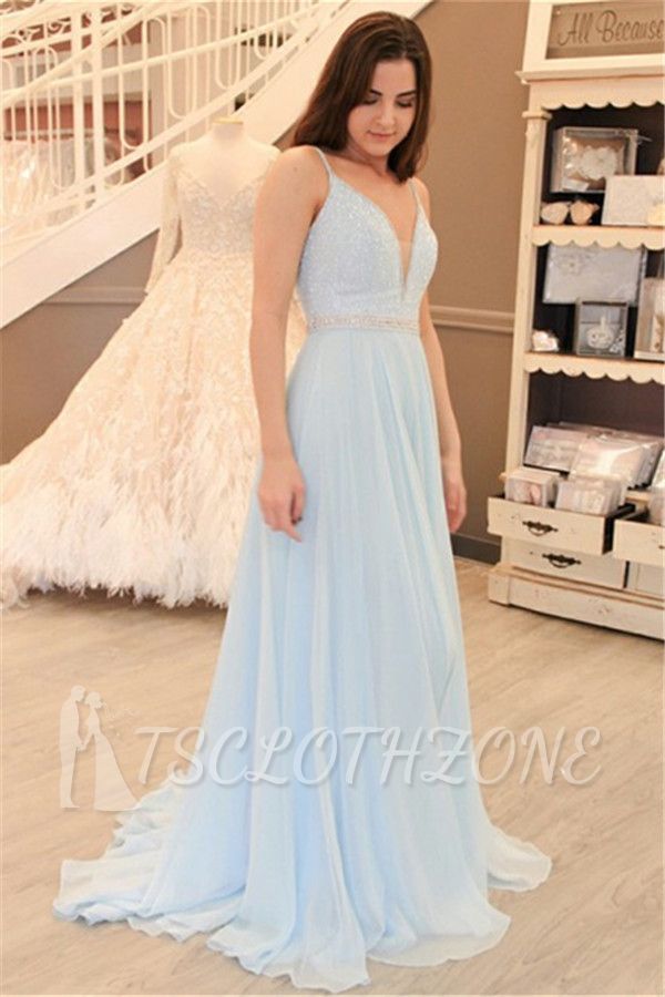 Light Blue A-line Straps Evening Dresses | Beaded V-Neck Open Back Prom Dresses 2022